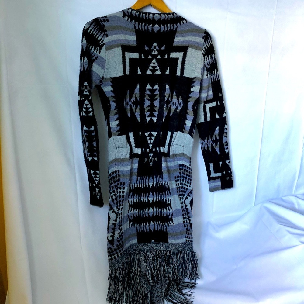 Guilty Long Sleeve Knit Cardigan with Aztec Patern & Fringes